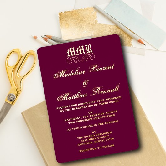 Invitation En Aluminium Monogramme Elegant Bourgogne et Mariage Or