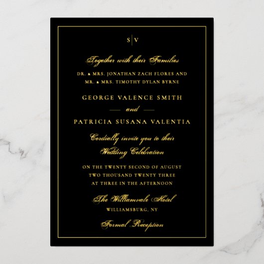 Invitation En Aluminium Monogramme élégant encadré Mariage noir Tuxedo (Recto)