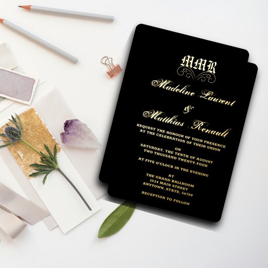 Invitation En Aluminium Monogramme Elegant noir et or Mariage