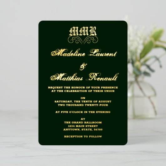 Invitation En Aluminium Monogramme Elegant Vert foncé et Mariage or (Debout devant)