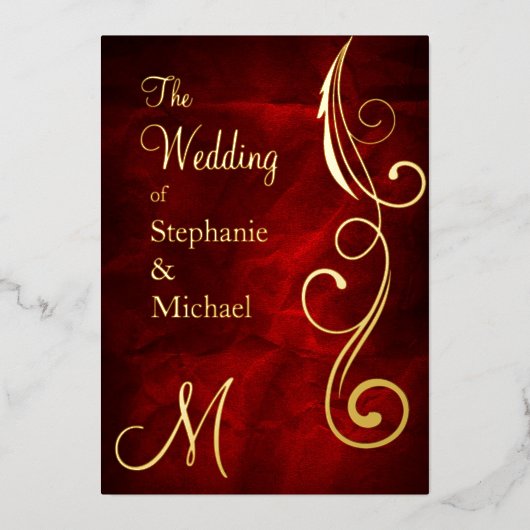 Invitation En Aluminium Monogramme et spirale sur l'or Mariage rouge (Recto)