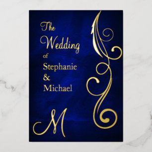 Invitation En Aluminium Monogramme et volute sur mariage or bleu