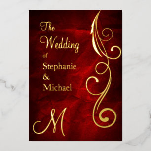 Invitation En Aluminium Monogramme et volute sur or de mariage rouge