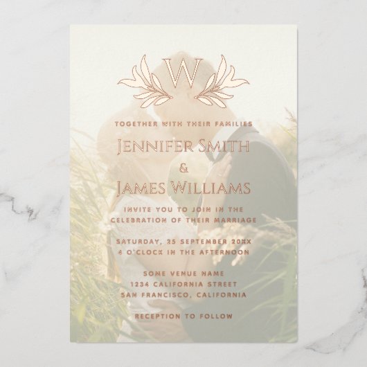 Invitation En Aluminium Monogramme Feuilles Photo transparente Mariage élé (Recto)