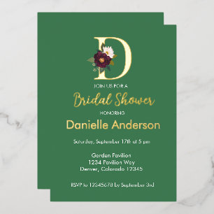 Invitation En Aluminium Monogramme floral vert lettre D douche de mariée o