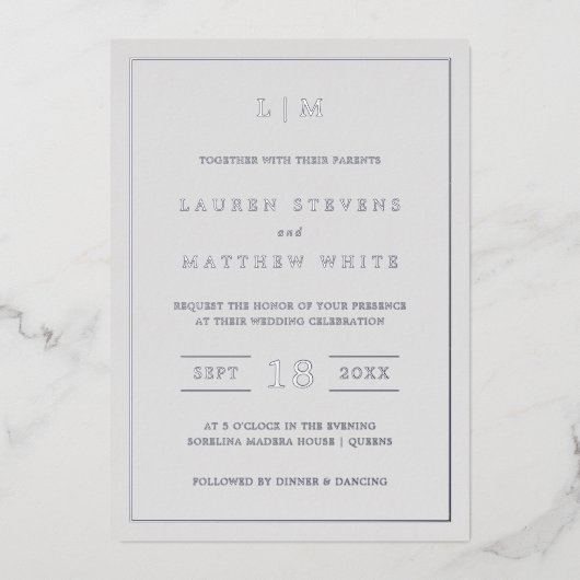 Invitation En Aluminium Monogramme gris clair simple Mariage élégant (Recto)