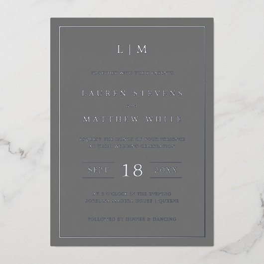 Invitation En Aluminium Monogramme gris foncé simple Mariage élégant (Recto)