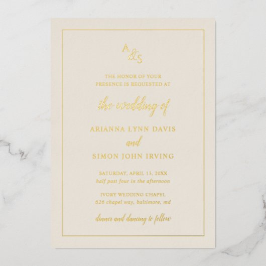 Invitation En Aluminium Monogramme ivoire simple Mariage élégant formel (Recto)