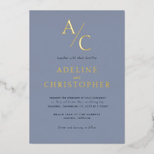 Invitation En Aluminium Monogramme Moderne Bleu Poussiéreux Or