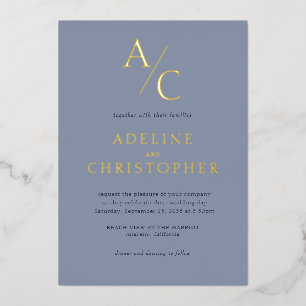 Invitation En Aluminium Monogramme moderne Dusty Blue Gold