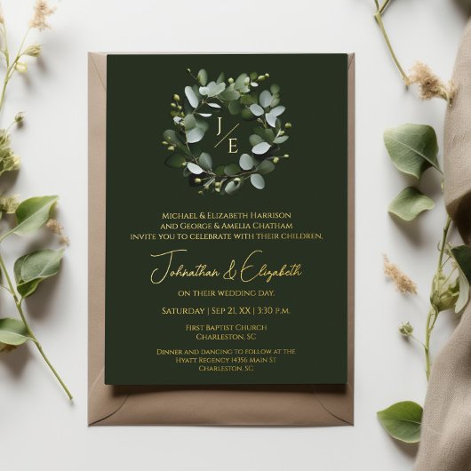 Invitation En Aluminium Monogramme moderne Eucalyptus Wreath Dark Green