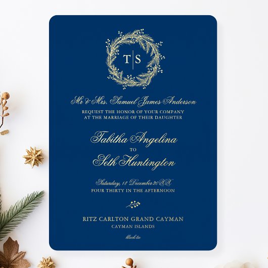 Invitation En Aluminium Monogramme moderne Mariage bleu or