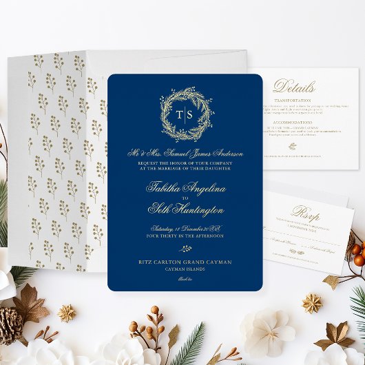 Invitation En Aluminium Monogramme moderne Mariage bleu or