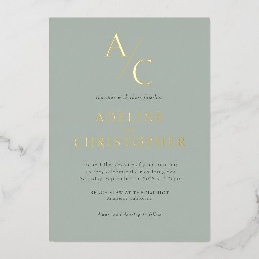 Invitation En Aluminium Monogramme Moderne Sage Vert Or (Recto)
