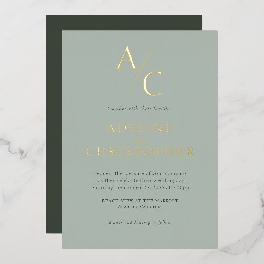 Invitation En Aluminium Monogramme Moderne Sage Vert Or (Recto/Verso)