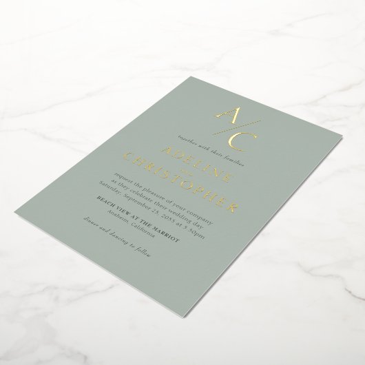 Invitation En Aluminium Monogramme Moderne Sage Vert Or (Rotation)