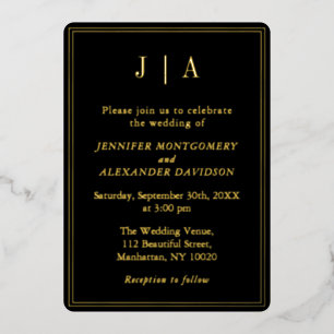 Invitation En Aluminium Monogramme Moderne Simple Noir Et Or Mariage