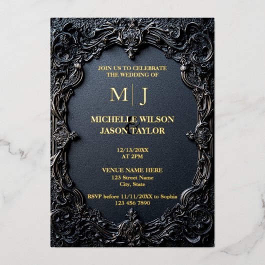 Invitation En Aluminium Monogramme moderne Tarot gothique noir et or (Recto)