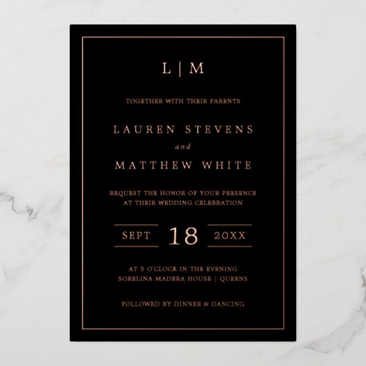 Invitation En Aluminium Monogramme noir simple Mariage élégant (Recto)