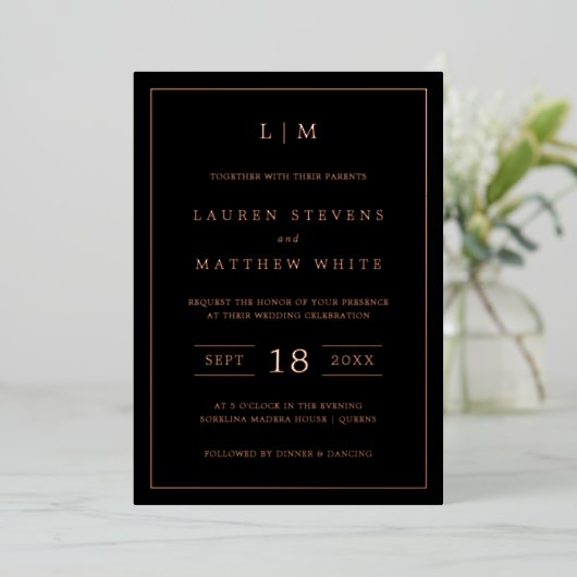 Invitation En Aluminium Monogramme noir simple Mariage élégant (Debout devant)