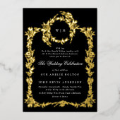 Invitation En Aluminium Monogramme or Noir Crest Mariage classique (Recto)