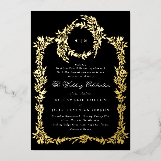 Invitation En Aluminium Monogramme or Noir Crest Mariage classique (Recto)