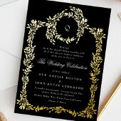 Invitation En Aluminium Monogramme or Noir Crest Mariage classique