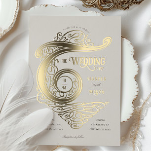 Invitation En Aluminium Monogramme Orné Mariage Typographie Élégante