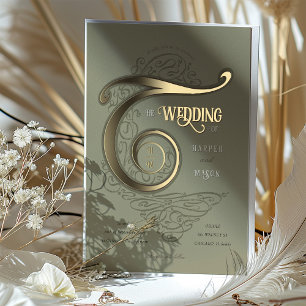 Invitation En Aluminium Monogramme Orné Mariage Typographie Élégante