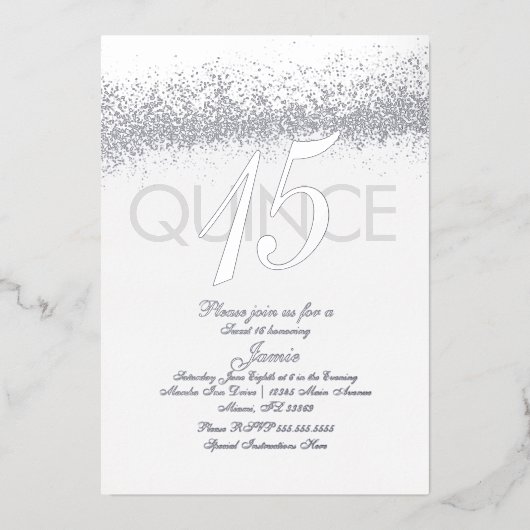 Invitation En Aluminium Monogramme Quince Pressé Parties scintillant Argen (Recto)