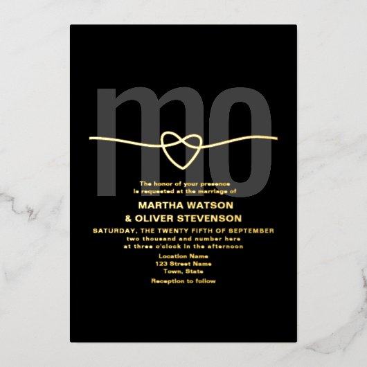 Invitation En Aluminium Monogramme romantique Or et Mariage noir (Recto)