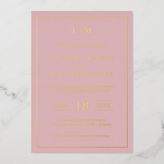Invitation En Aluminium Monogramme rose clair simple Mariage élégant (Recto)