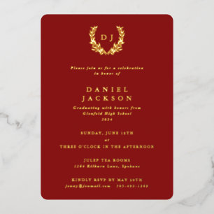 Invitation En Aluminium Monogramme rouge + Couronne de laurier de remise d