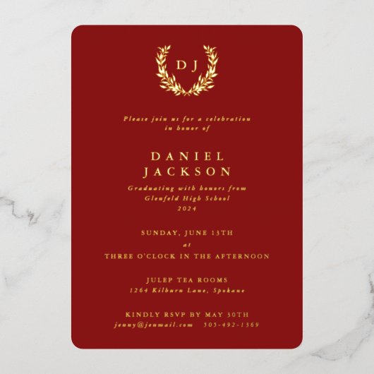 Invitation En Aluminium Monogramme rouge + Laurel Wreath Graduation (Recto)