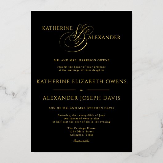 Invitation En Aluminium Monogramme Script Gold Black Mariage Foil Invitati (Recto)