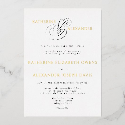 Invitation En Aluminium Monogramme Script Gold Blanc Noir Mariage (Recto)
