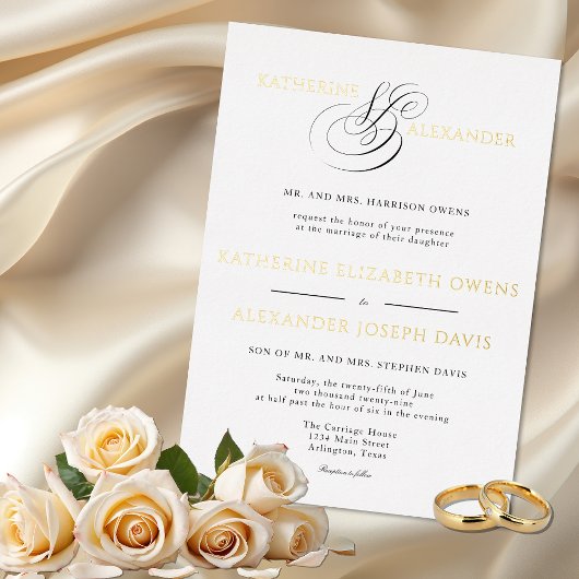Invitation En Aluminium Monogramme Script Gold Blanc Noir Mariage
