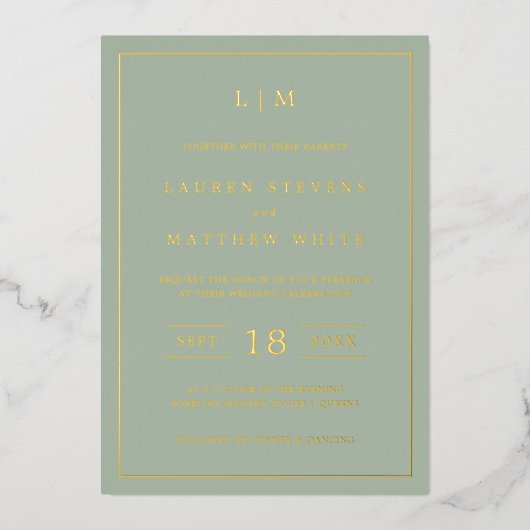 Invitation En Aluminium Monogramme simple Elégant Sage Green Mariage Gold (Recto)