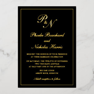 Invitation En Aluminium Monogramme traditionnel Formel Noir Mariage Or