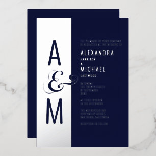 Invitation En Aluminium Monogramme Typographie Marine Blue Silver Mariage