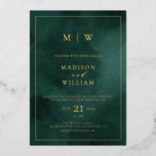 Invitation En Aluminium Monogramme vert émeraude et mariage élégant à la f