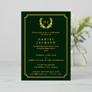 Invitation En Aluminium Monogramme vert foncé + Laurel Wreath Graduation