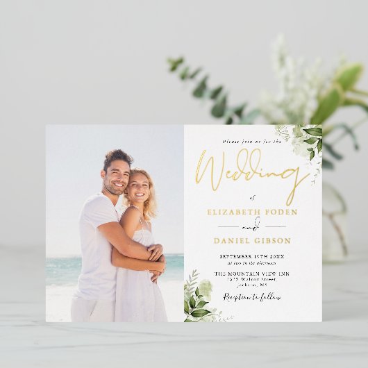 Invitation En Aluminium Monogramme vert rustique Mariage photo Or (Debout devant)