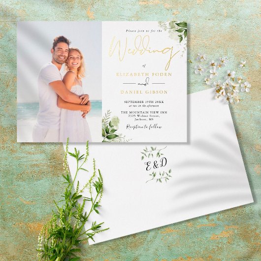 Invitation En Aluminium Monogramme vert rustique Mariage photo Or