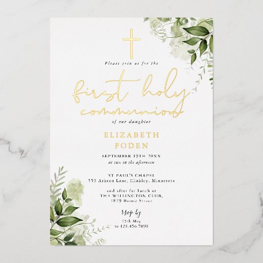 Invitation En Aluminium Monogramme vert rustique Première communion sainte (Recto)