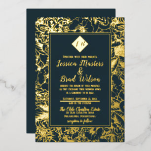 Invitation En Aluminium Monogramme vintage   Floral Mariage Dark Turquoise