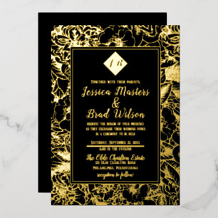 Invitation En Aluminium Monogramme vintage   Floral Mariage noir   Or