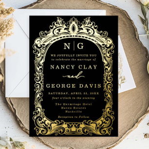 Invitation En Aluminium Monogramme Vintage noir et or Mariage