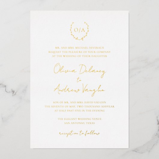 Invitation En Aluminium Monogramme Wreath Élégant tout en un or Mariage (Recto)