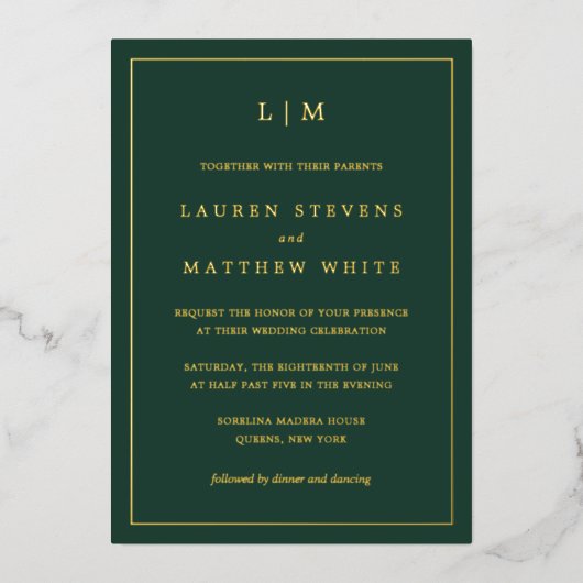 Invitation En Aluminium Monographie verte de forêt simple Mariage élégant (Recto)